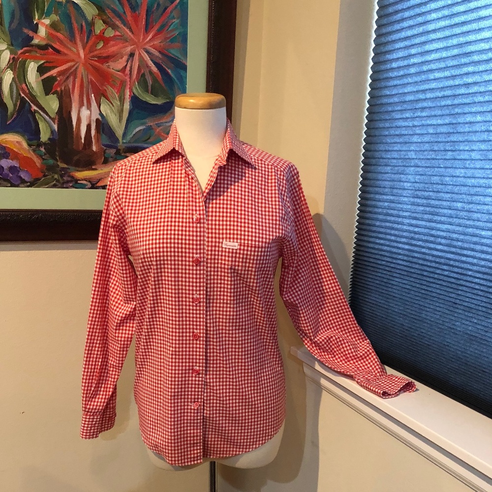 Woman's Red & White Gingham Facconable Classic Cotton Shirt - XS